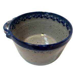 Handcrafted Speckled Ceramic Bowl with Blue Glaze Rim & Side Handle Signed RJM